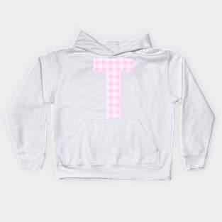 Pink Letter T in Plaid Pattern Background. Kids Hoodie